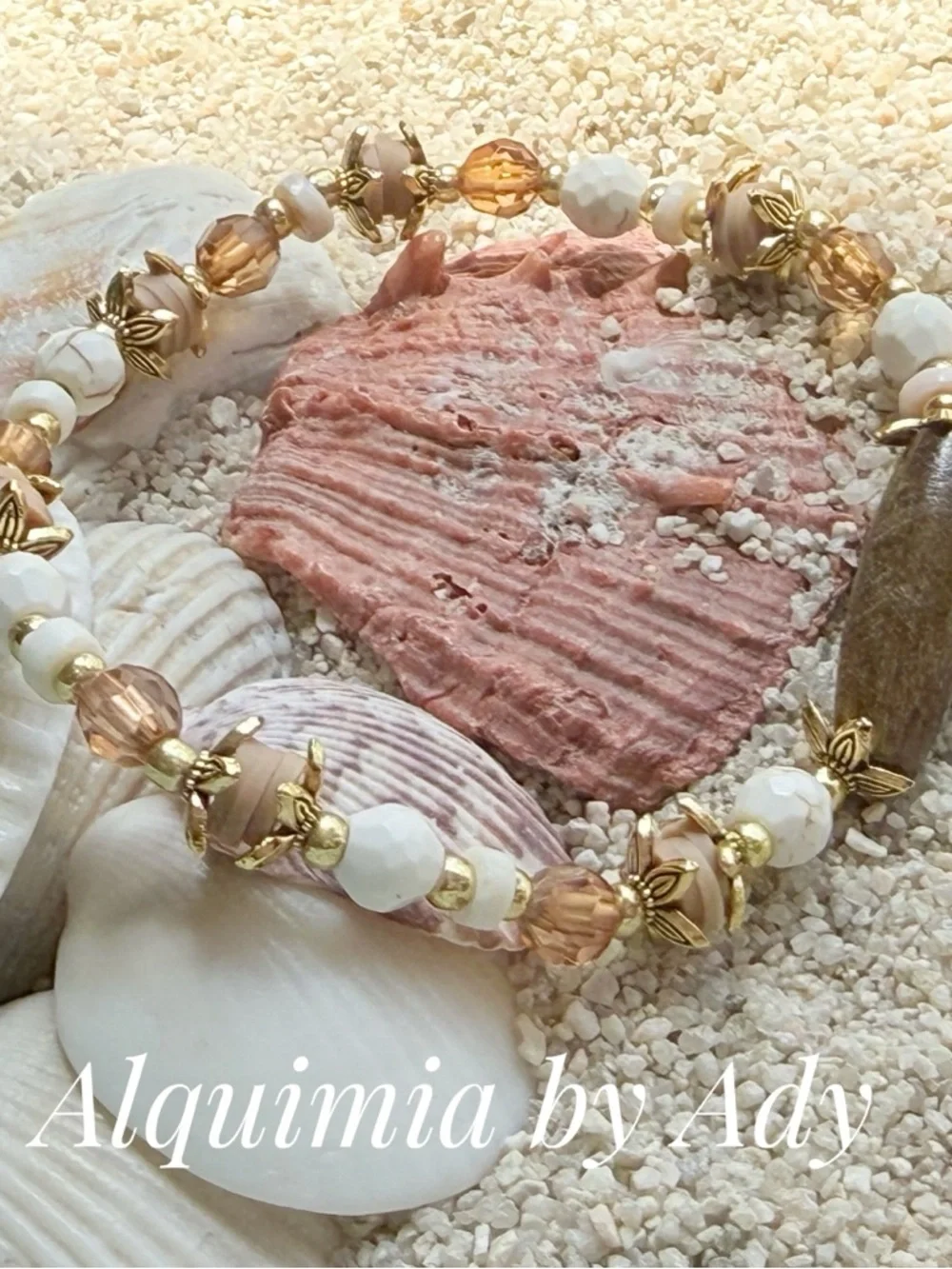 HOWLITE  Gold, White, Cream and Pink Beaded Bracelet